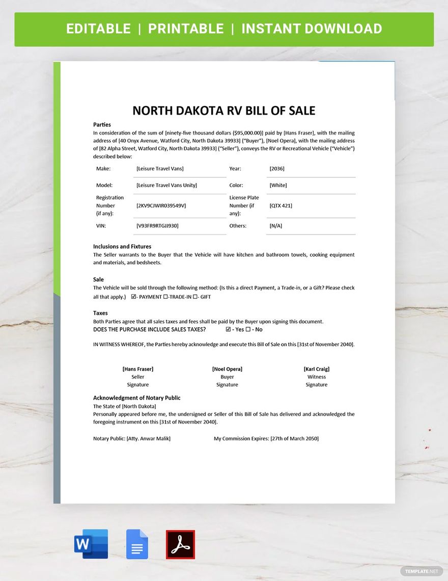 North Dakota RV Bill of Sale Template in Word, Google Docs, PDF
