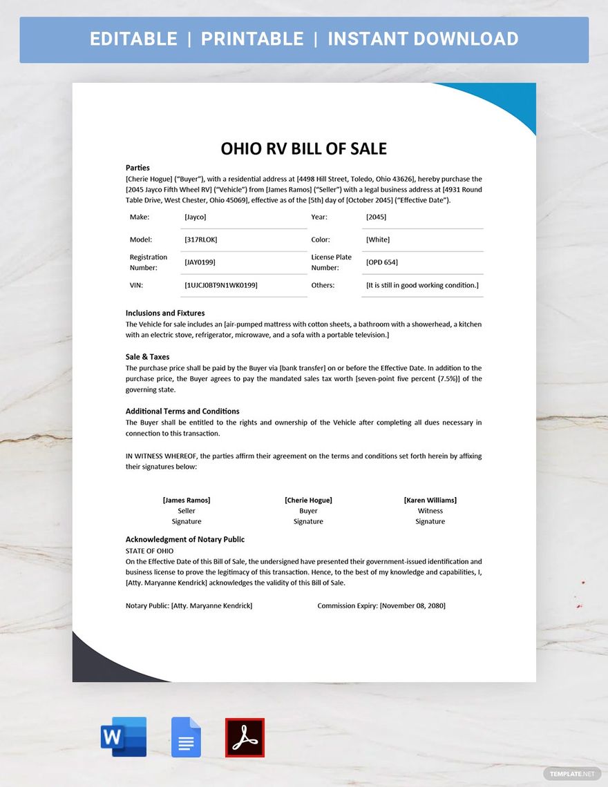 Ohio RV Bill of Sale Template