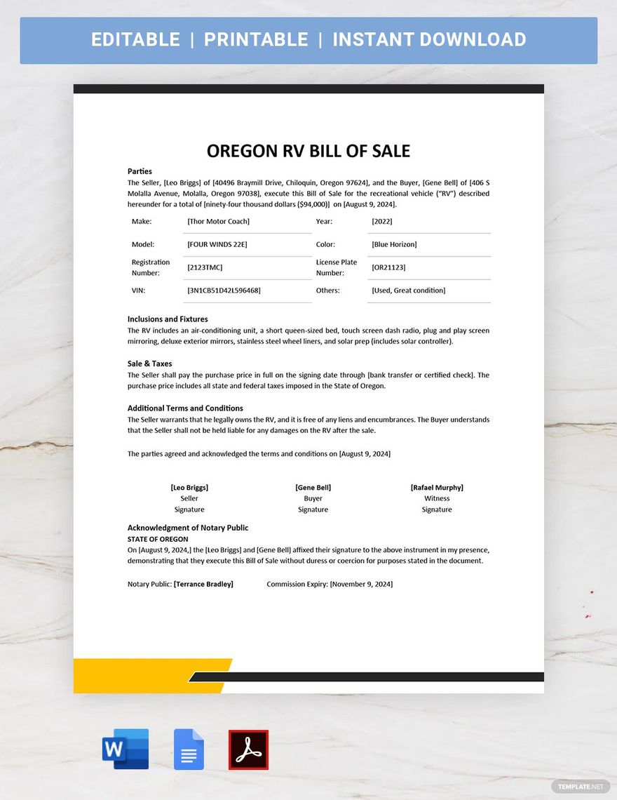 Oregon RV Bill of Sale Template