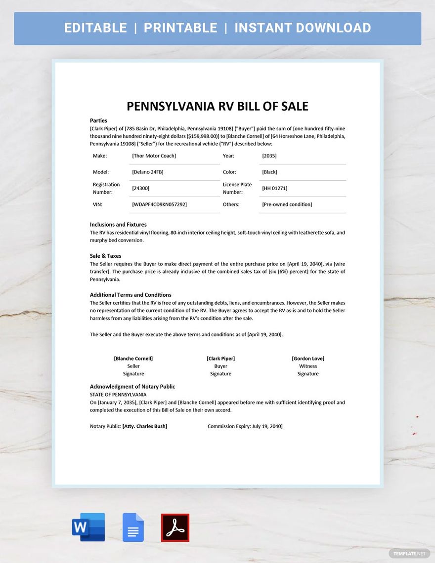 Pennsylvania RV Bill of Sale Template in Word, Google Docs, PDF