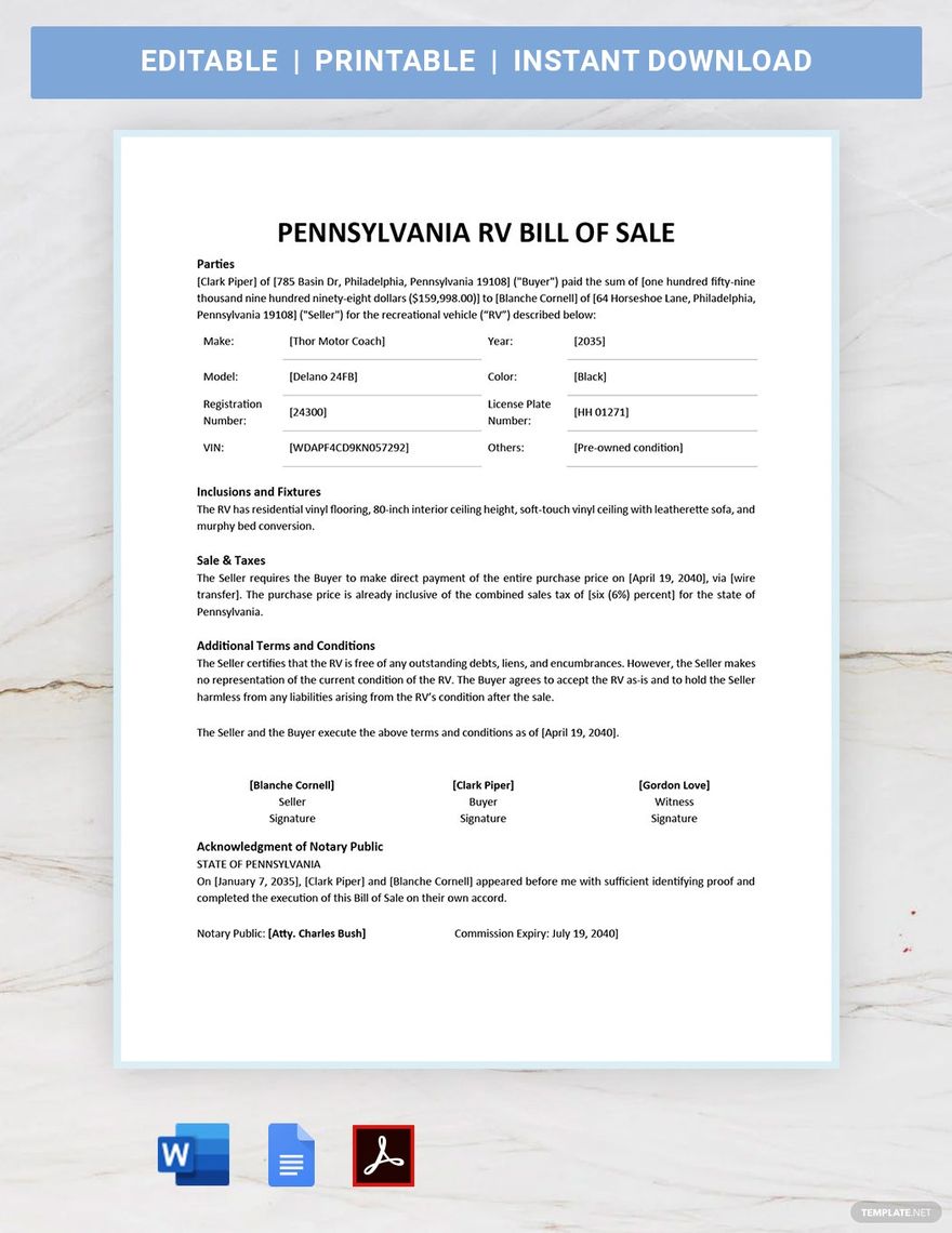 Pennsylvania RV Bill Of Sale Template Download In Word Google Docs PDF Template