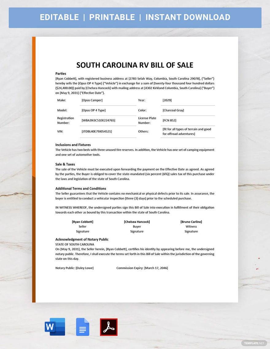 South Carolina RV Bill of Sale Template