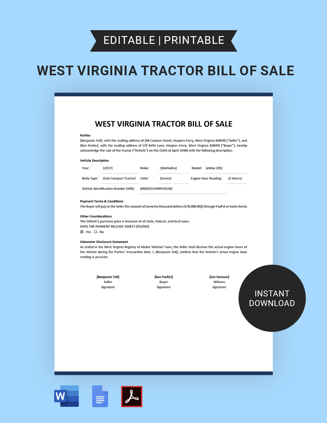 Tractor Bill of Sale Template Google Docs, Word, PDF
