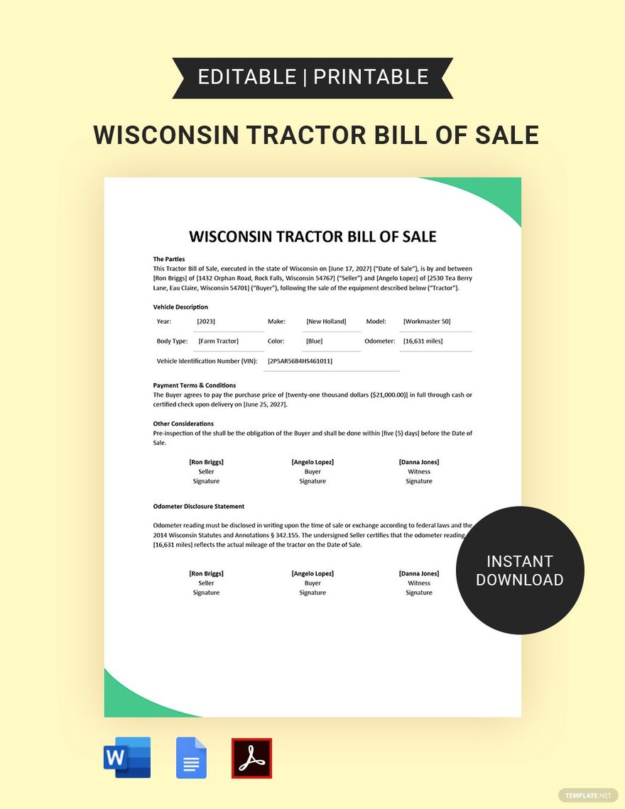 Wisconsin Tractor Bill of Sale Template in Word, Google Docs, PDF