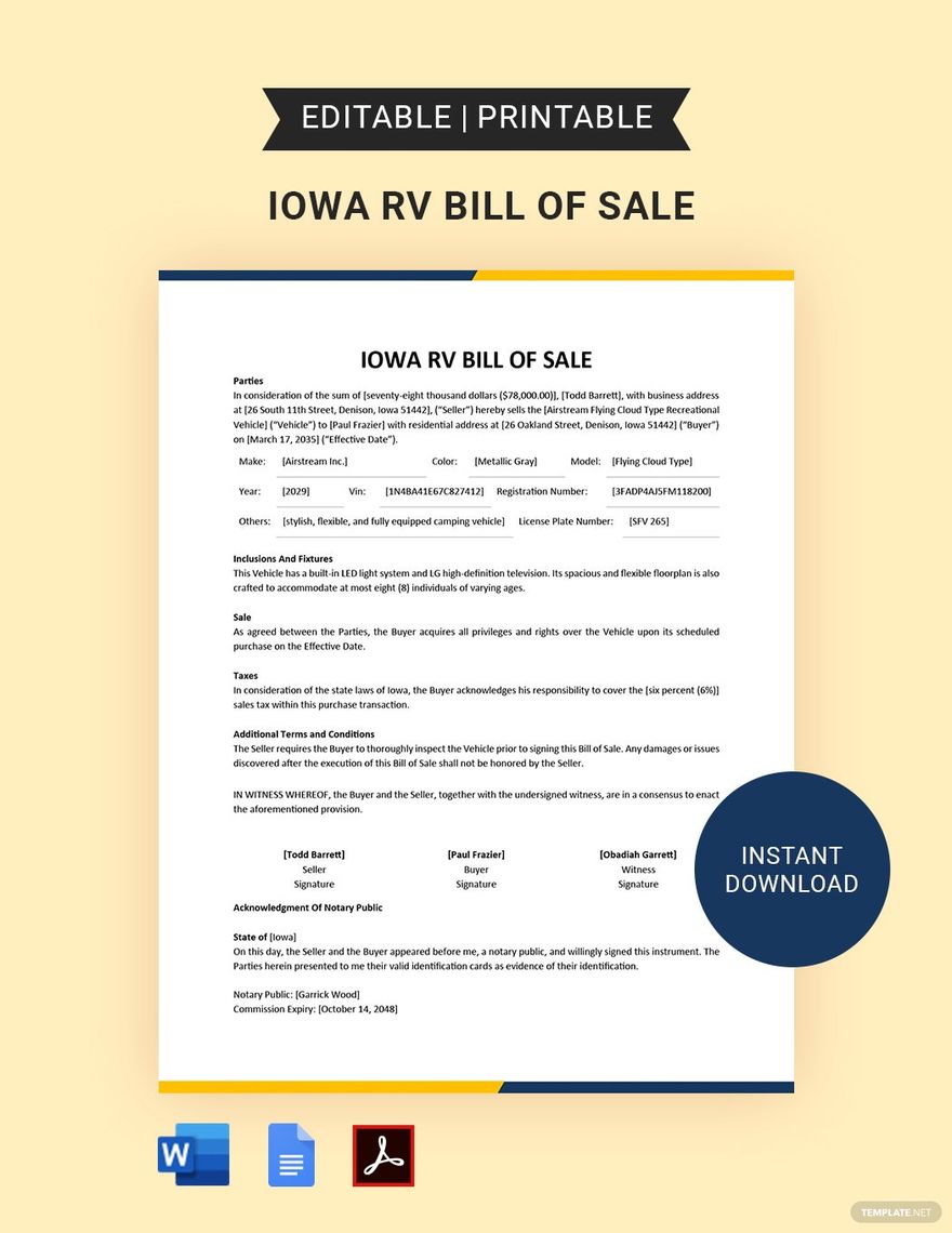 Iowa RV Bill of Sale Template Google Docs, Word, PDF