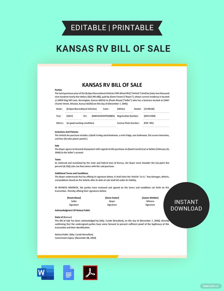 Kansas RV Bill of Sale Template