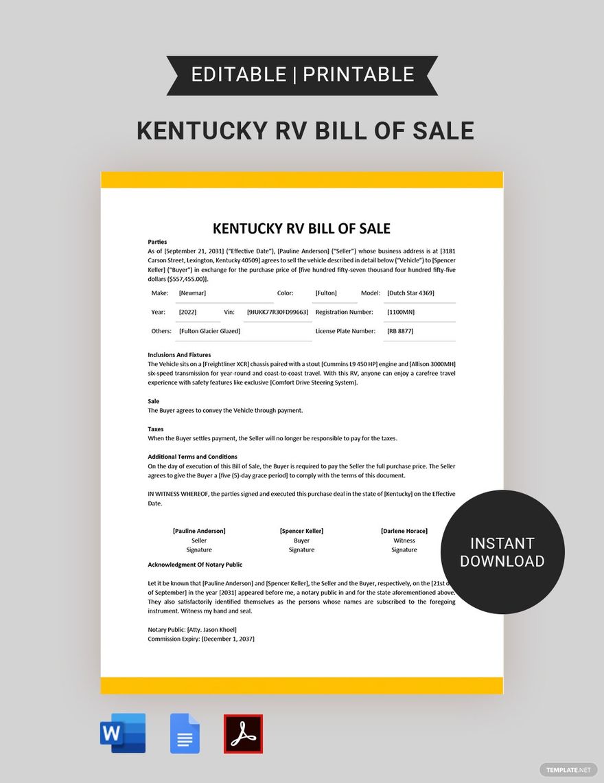Kentucky RV Bill of Sale Template