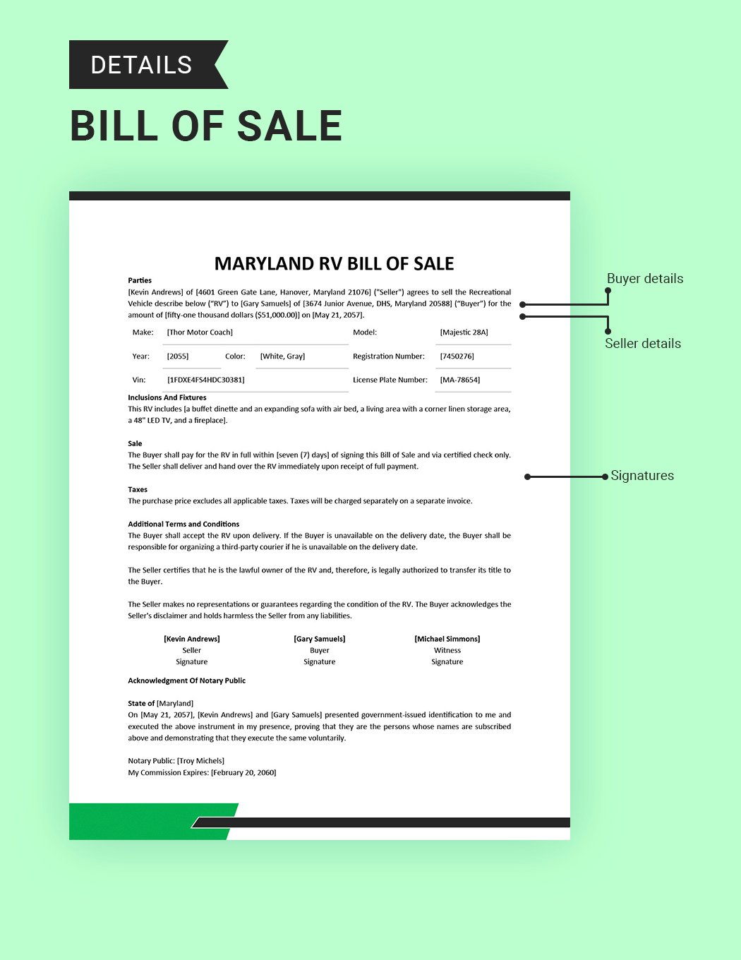 Maryland RV Bill of Sale Template