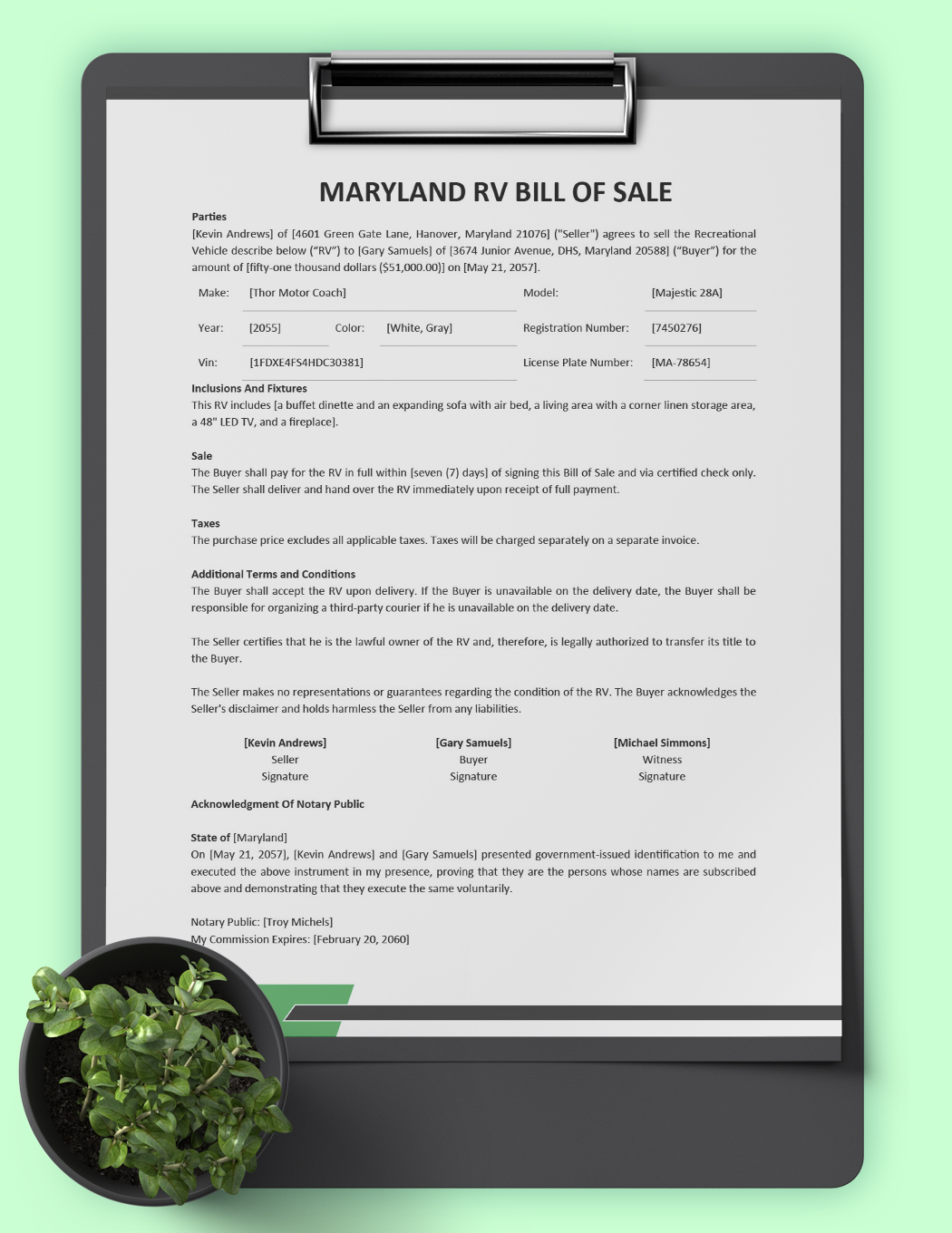 Maryland RV Bill of Sale Template