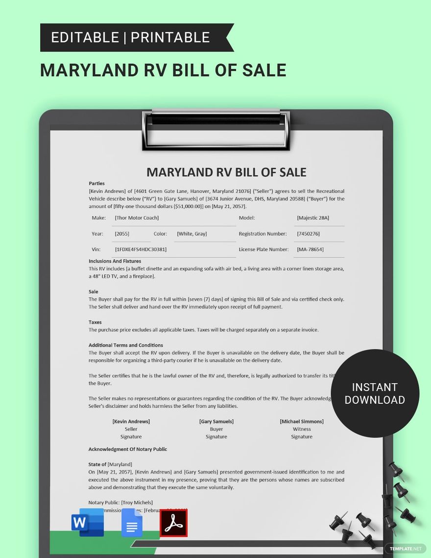 Maryland RV Bill of Sale Template in Word, Google Docs, PDF