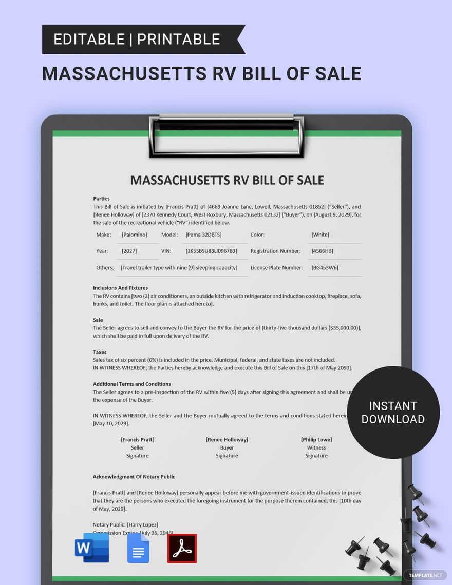 Massachusetts RV Bill of Sale Template in Word, Google Docs, PDF