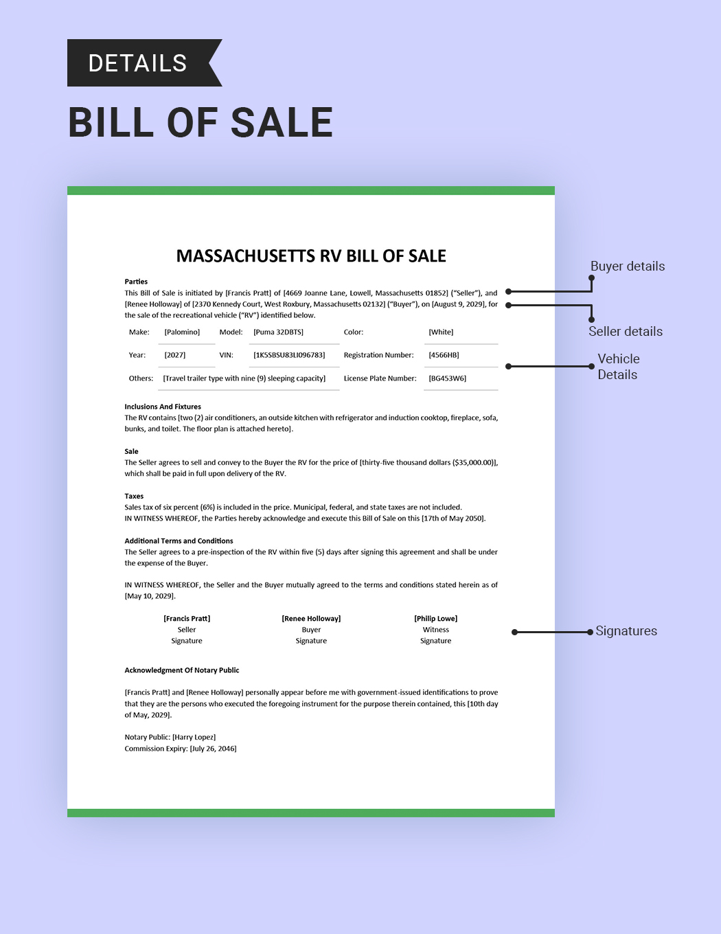 Massachusetts RV Bill of Sale Template