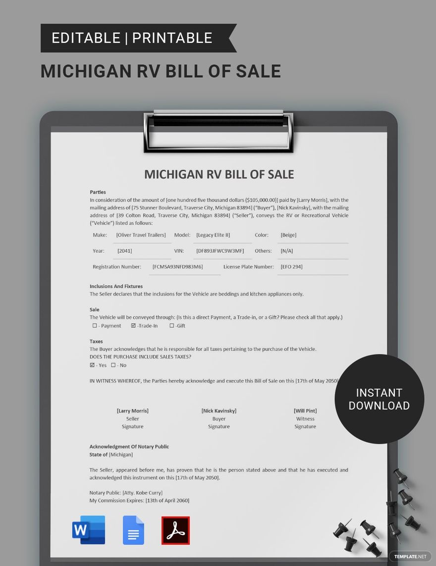 Michigan RV Bill of Sale Template in Word, Google Docs, PDF