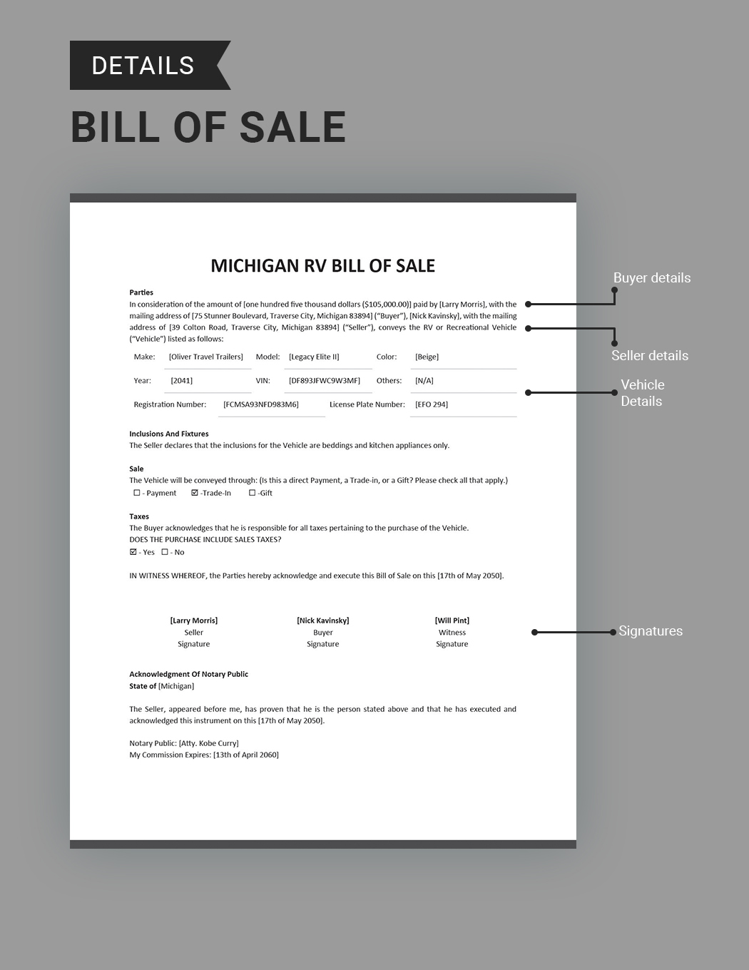 Michigan RV Bill of Sale Template