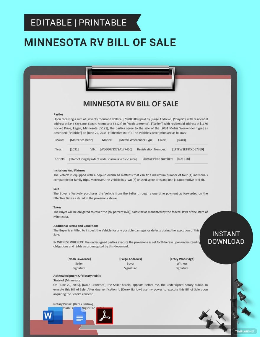 Minnesota RV Bill of Sale Template
