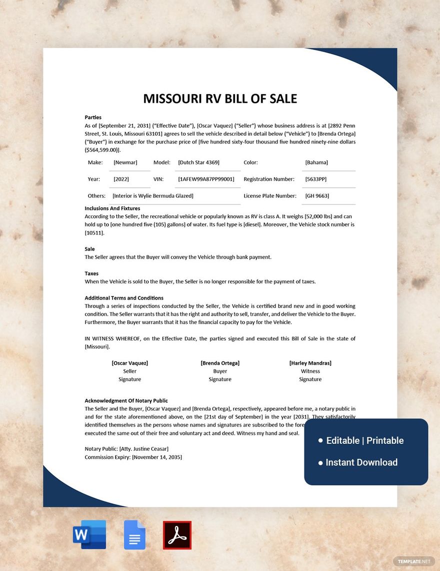 Missouri RV Bill Of Sale Template