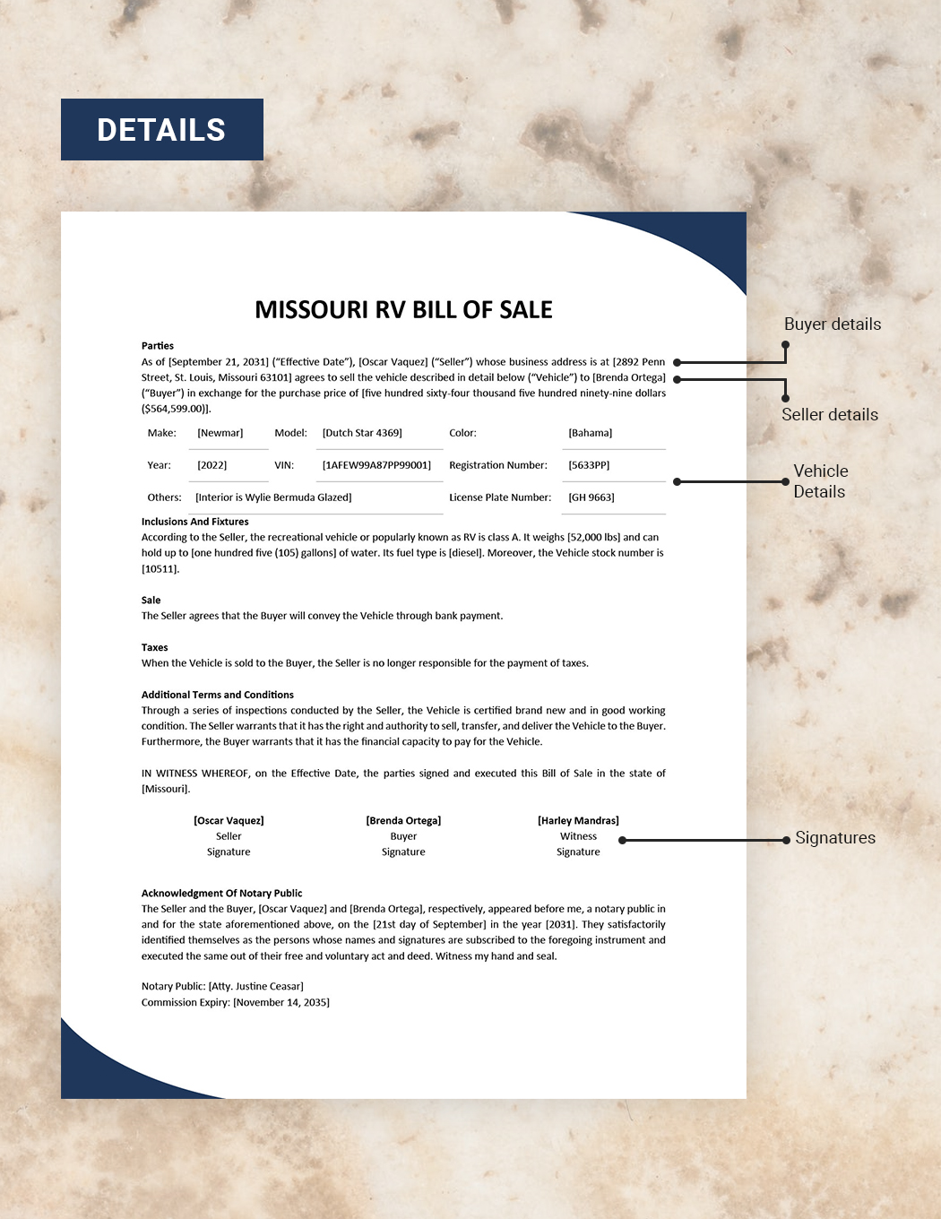 Missouri RV Bill Of Sale Template