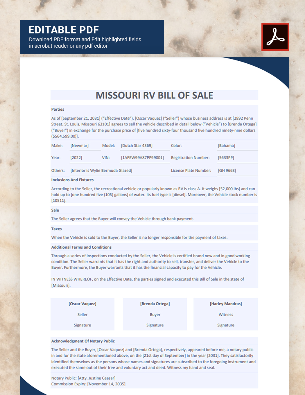 Missouri RV Bill Of Sale Template Download in Word, Google Docs, PDF