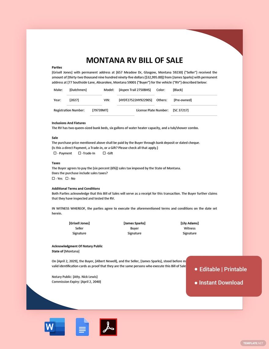 Montana RV Bill of Sale Template