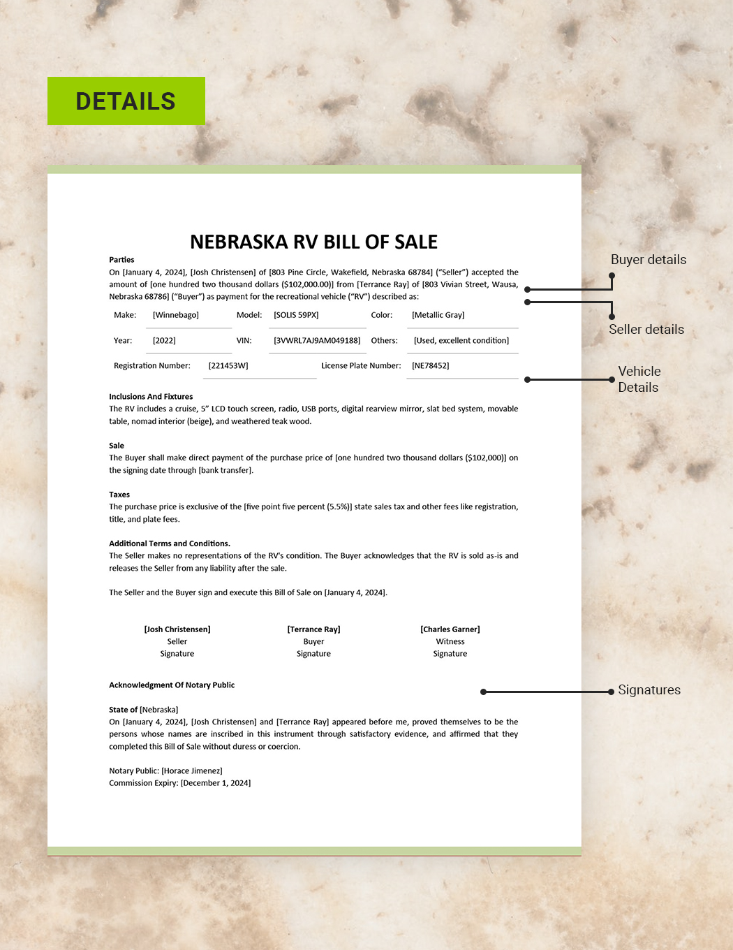 Nebraska RV Bill of Sale Template