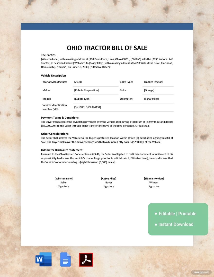 Ohio Tractor Bill of Sale Template Google Docs, Word, PDF