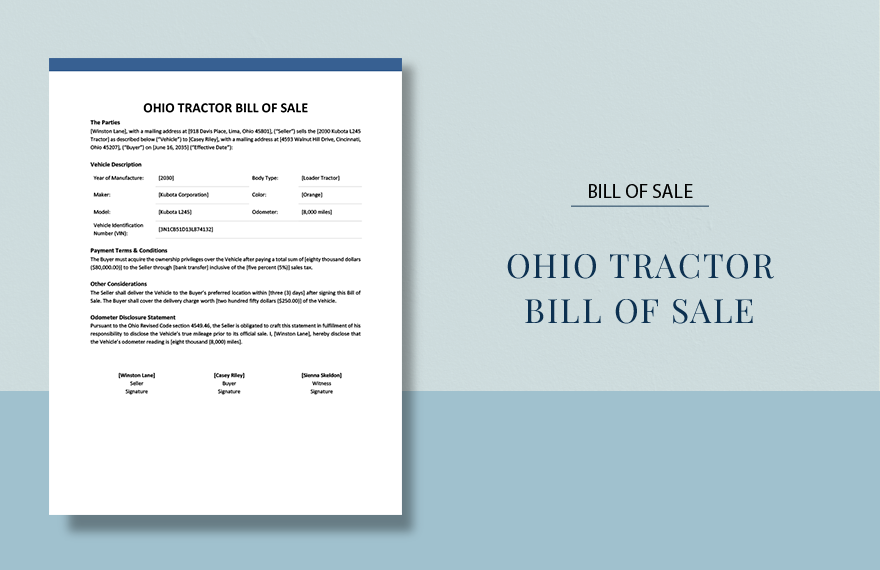Ohio Tractor Bill of Sale Template in Word, Google Docs, PDF