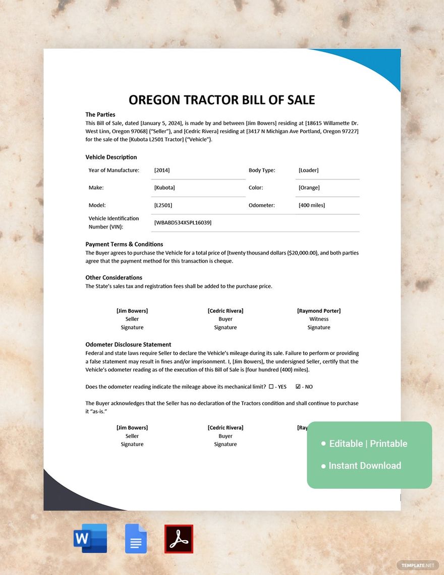 Oregon Tractor Bill of Sale Template