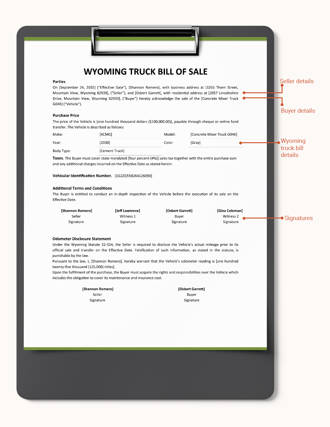 Wyoming Truck Bill Of Sale Template