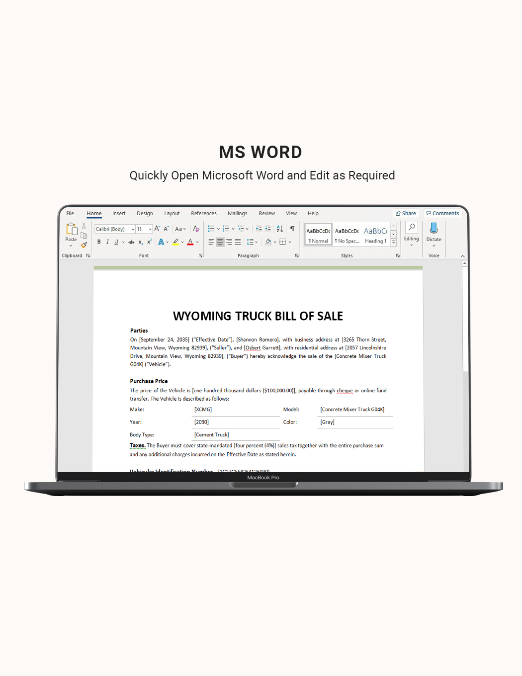 Wyoming Truck Bill Of Sale Template