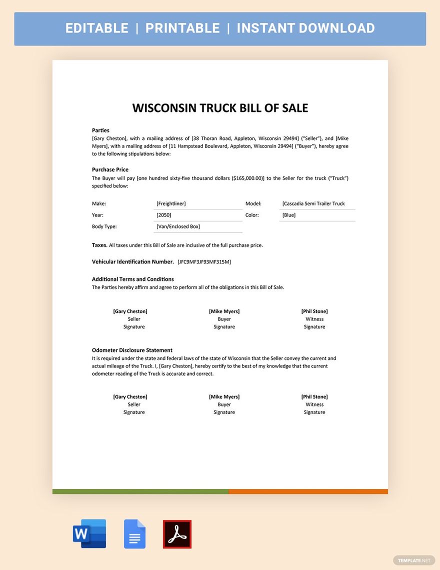 Wisconsin Truck Bill Of Sale Template in Google Docs Word PDF
