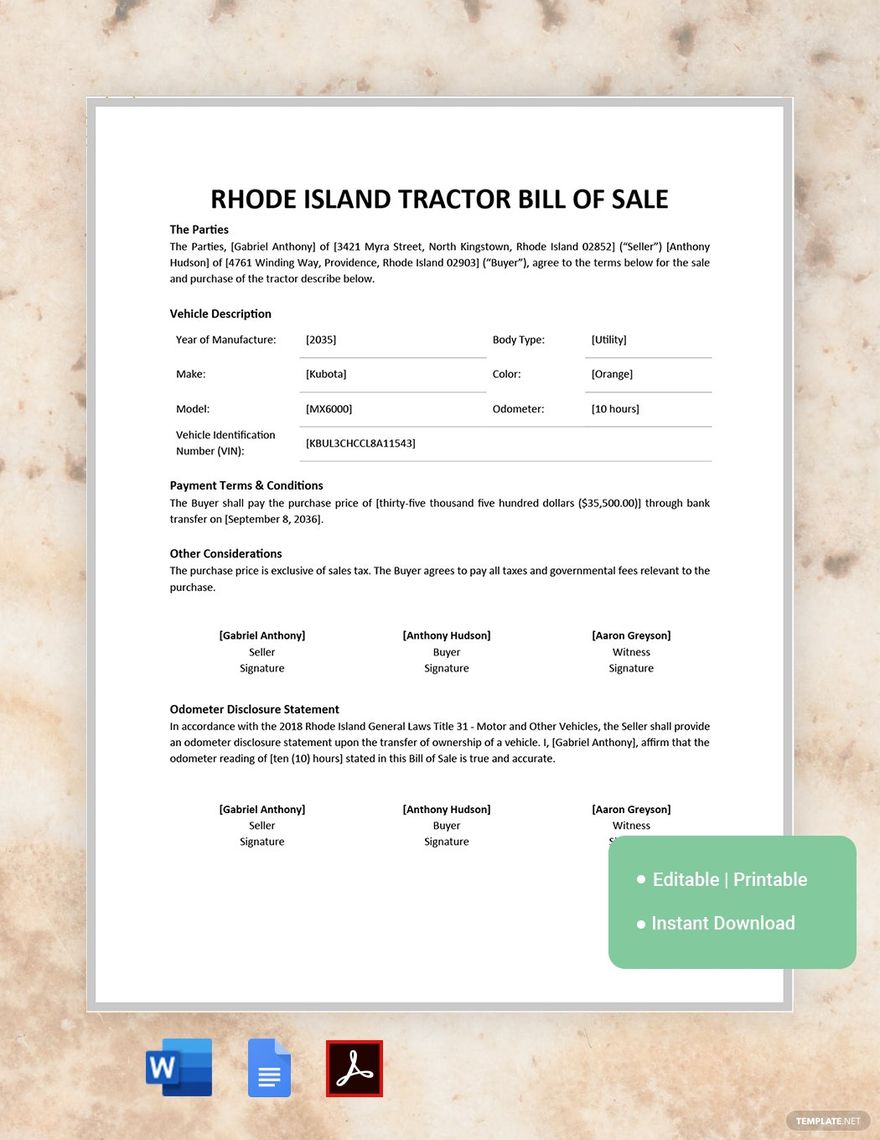 Rhode Island Tractor Bill of Sale Template
