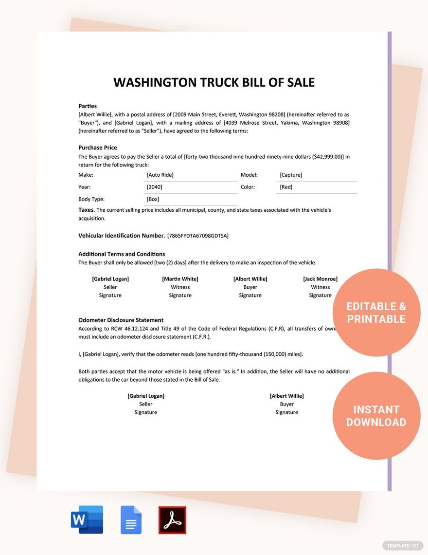 Washington Truck Bill Of Sale Template