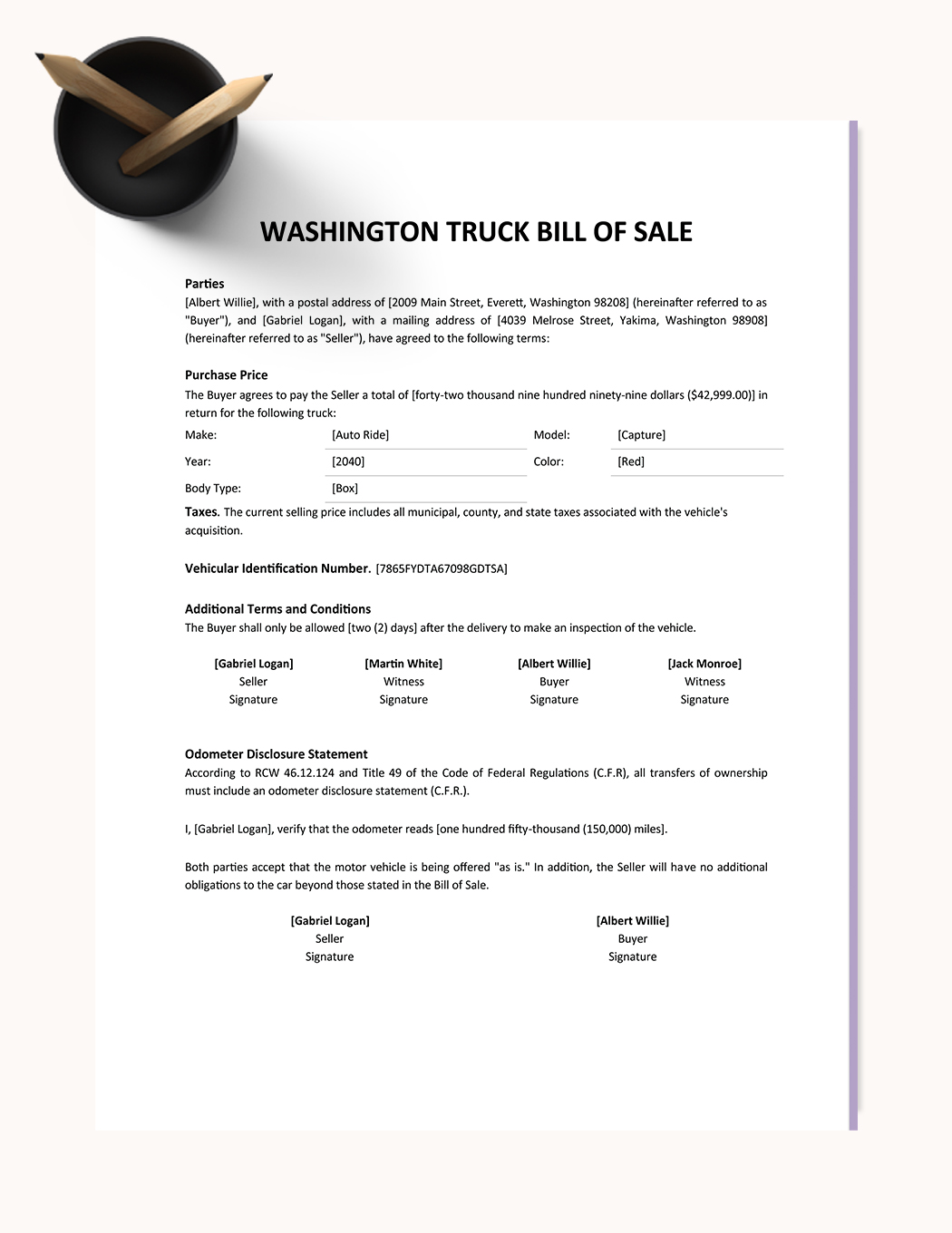 Washington Truck Bill Of Sale Template