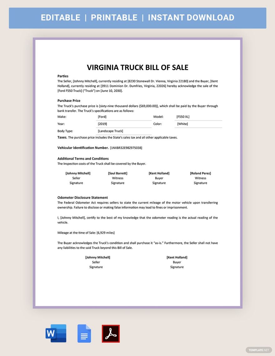 Virginia Truck Bill Of Sale Template in Word, Google Docs, PDF