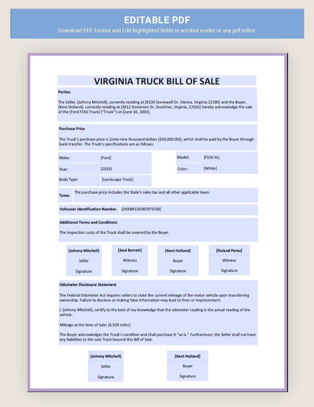 Virginia Truck Bill Of Sale Template