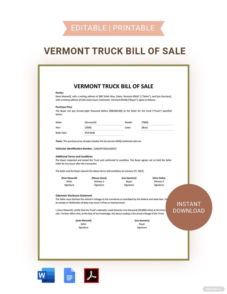Vermont Truck Bill Of Sale Template