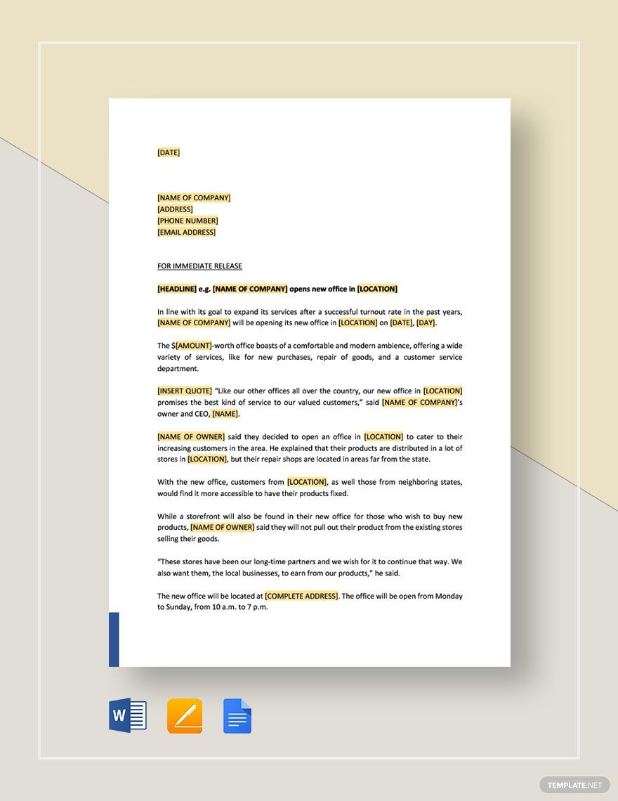 Free Press Release for New Office Opening Template