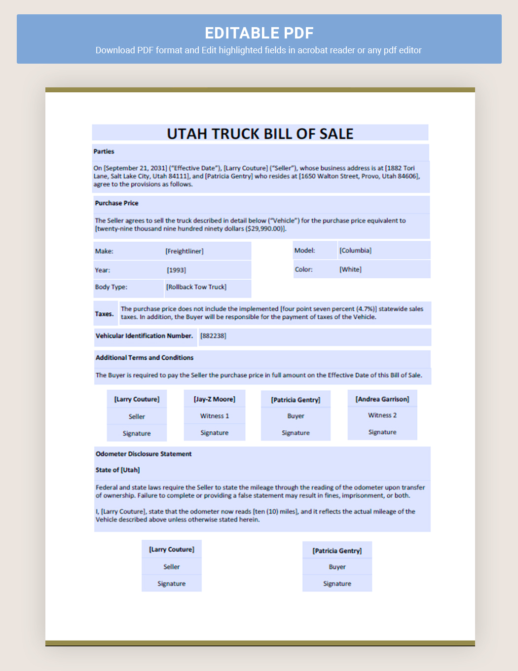 Utah Truck bill of sale Form template