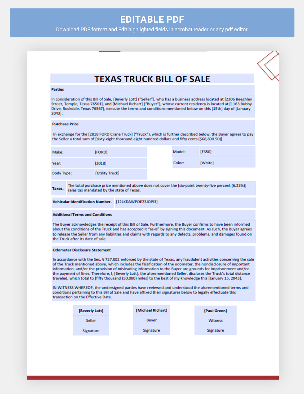 Texas Truck Bill Of Sale Template