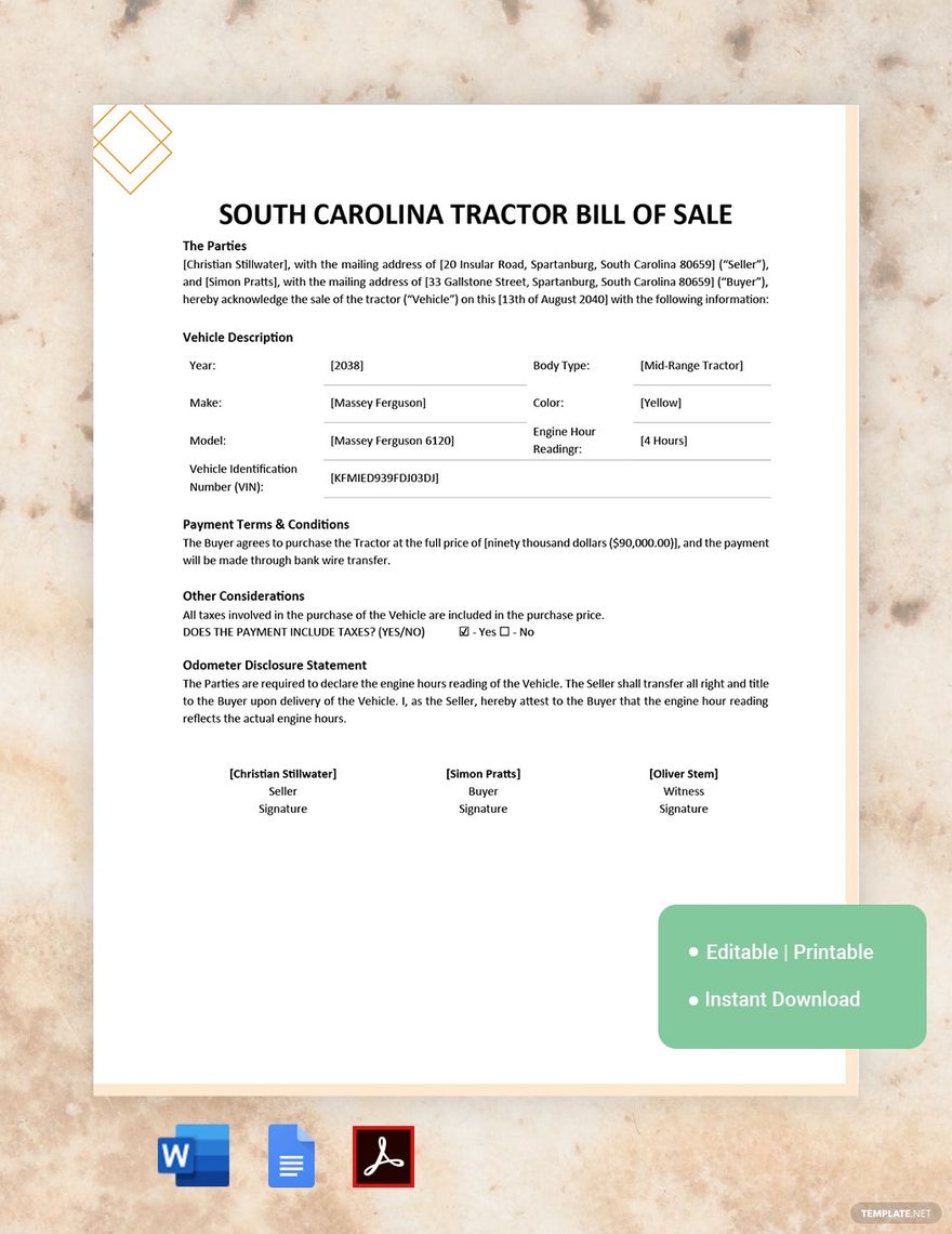 Free South Carolina Tractor Bill of Sale Form Template in Word, Google Docs, PDF
