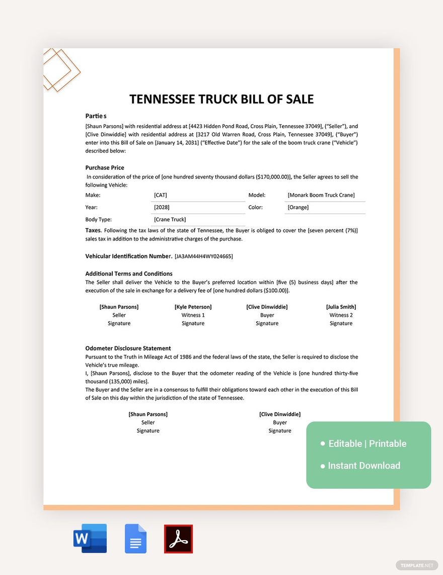 Tennessee Truck Bill Of Sale Template