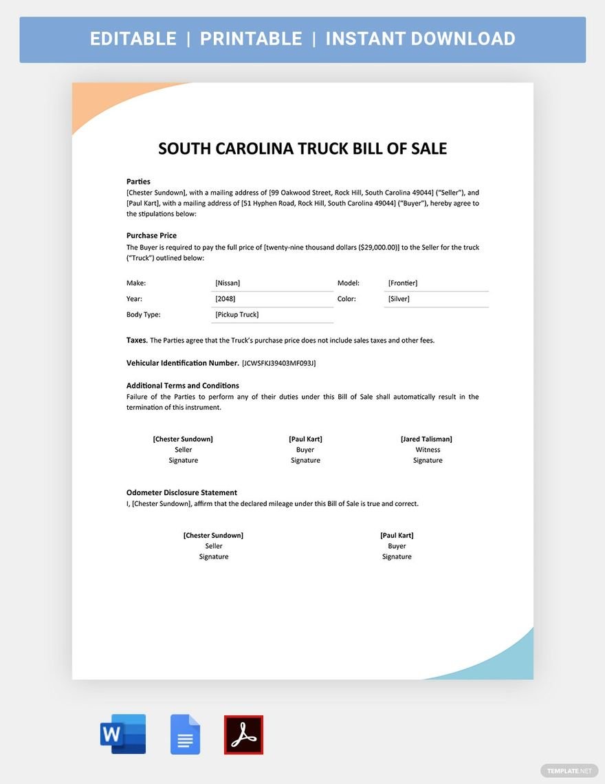 South Carolina Truck Bill Of Sale Template