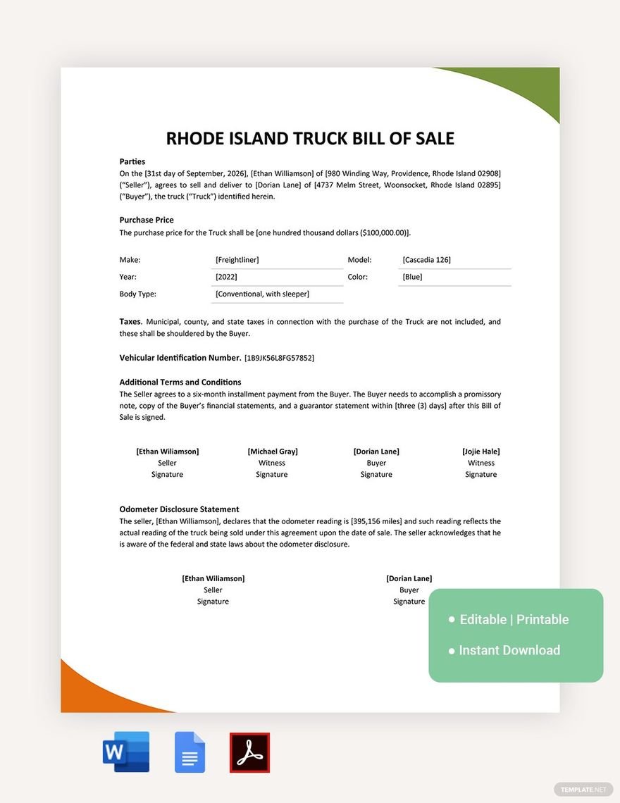 Rhode Island Truck Bill Of Sale Template