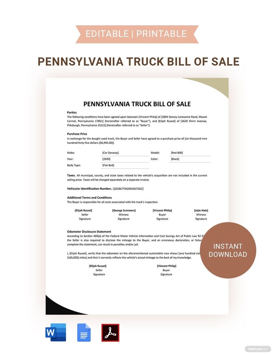 Pennsylvania Truck Bill Of Sale Template in Word, Google Docs, PDF