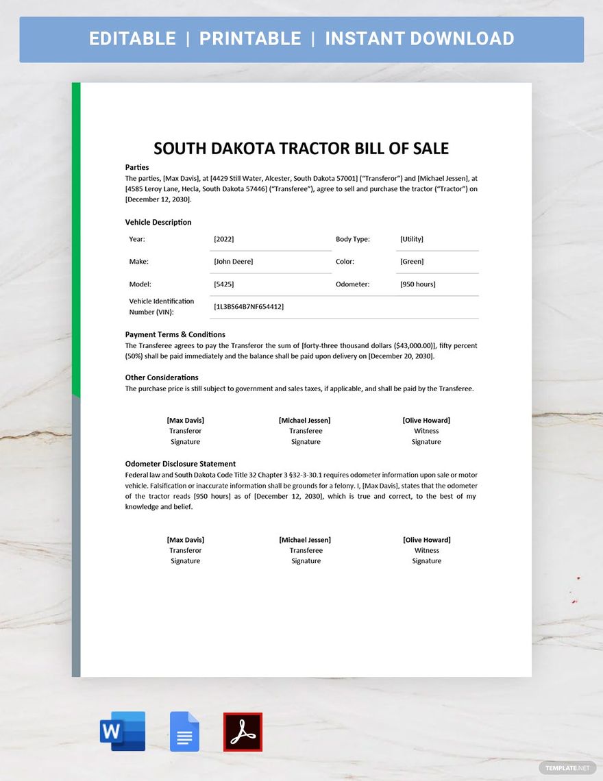 South Dakota Tractor Bill of Sale Template in Word, Google Docs, PDF