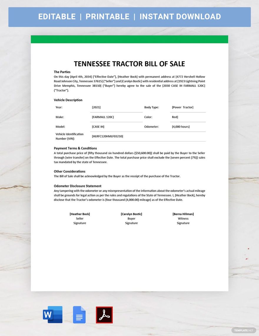 Tennessee Tractor Bill of Sale Template