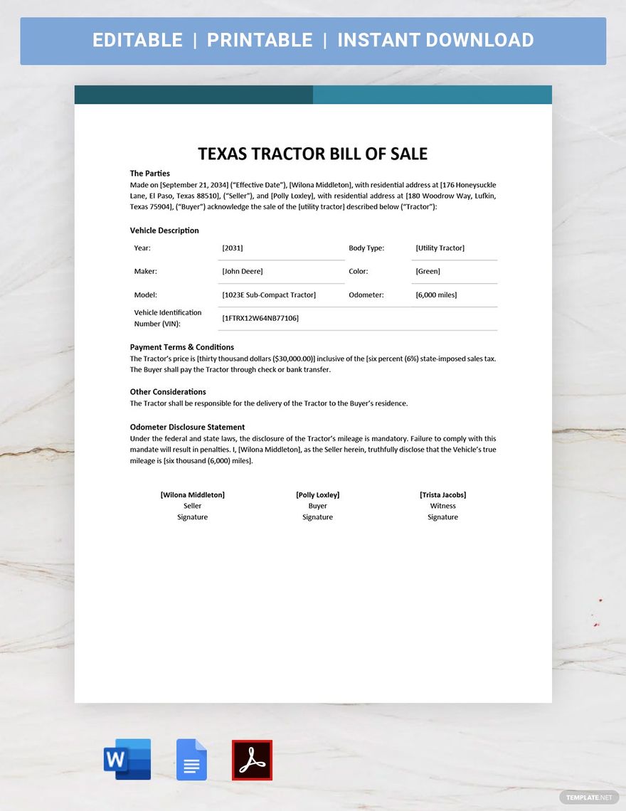 Texas Tractor Bill of Sale Template