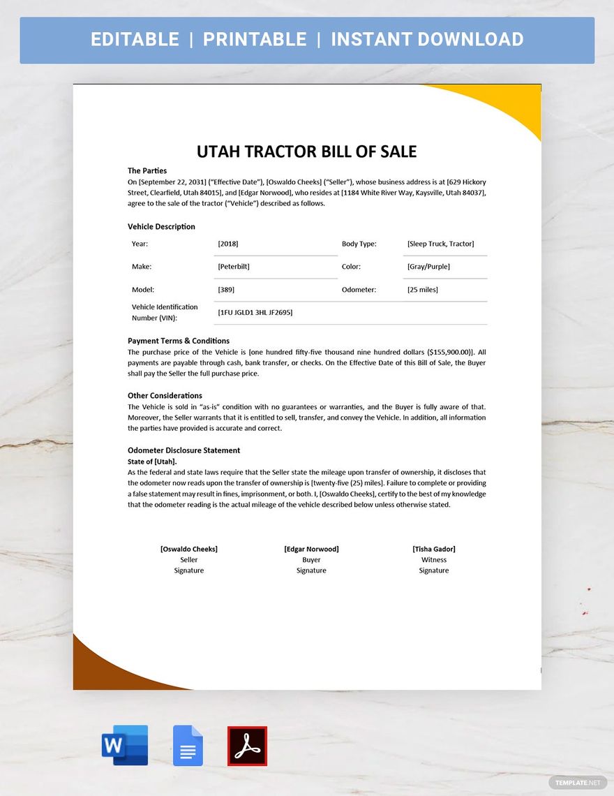 Utah Tractor Bill of Sale Template in Google Docs PDF Word Download