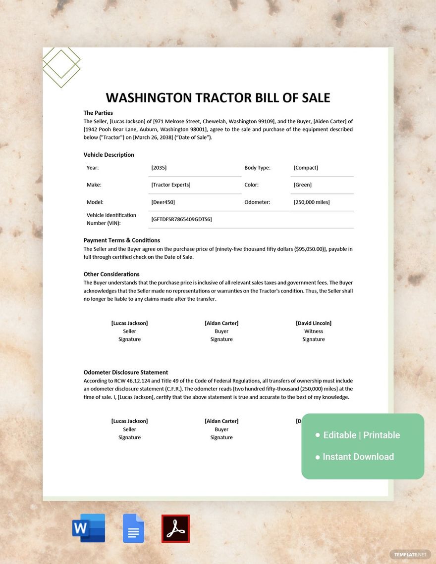 Washington Tractor Bill of Sale Template