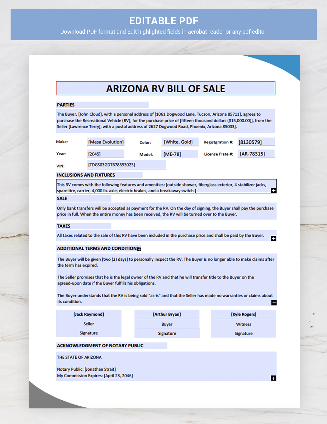 Arizona RV Bill of Sale Template